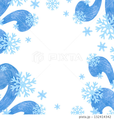 A square winter frame with a frosty pattern and snowflakes, hand-drawn. The drawing with colored pencils is isolated on a white background. Pencil Christmas template with an empty place to insert 132414342