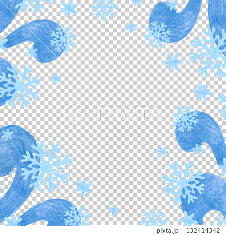 A square winter frame with a frosty pattern and snowflakes, hand-drawn. The drawing with colored pencils is isolated on a white background. Pencil Christmas template with an empty place to insert 132414342