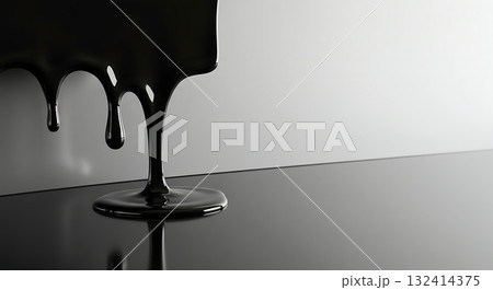 Viscous black liquid elegantly dripping and pooling on a sleek, reflective surface creating a modern, abstract aesthetic for dynamic design backgrounds. Viscous black liquid elegantly dripping and pooling on a sleek, reflective surface creating a modern, abstract aesthetic for dynamic design backgrounds. 132414375