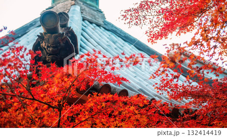 Demon craft on roof by maple leaves at fall, Nisonin, Arashiyama 132414419