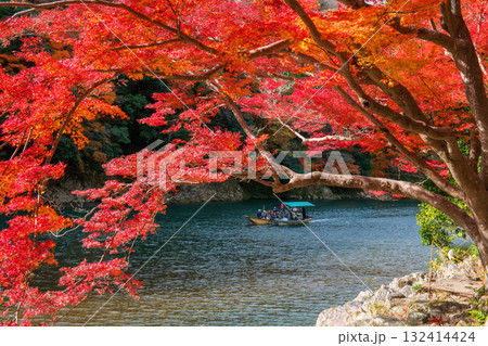 people in punting wood boat view fall leaf color, arashiyama, Kyoto 132414424
