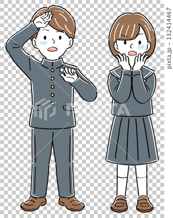 Illustration of male and female students in uniforms with surprised and confused expressions, full body 132414467