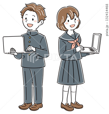 ノートパソコンを使う制服姿の男女の学生のイラスト 全身 ノートパソコンを使う制服姿の男女の学生のイラスト 全身 132414468