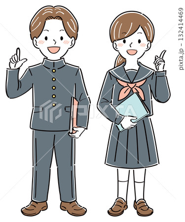 笑顔で指差しポーズをして説明する制服姿の男女の学生のイラスト　全身 132414469