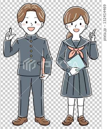 笑顔で指差しポーズをして説明する制服姿の男女の学生のイラスト　全身 132414469