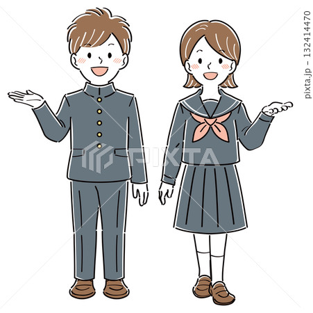 笑顔で案内・紹介するポーズをしている制服姿の男女の学生のイラスト 全身 笑顔で案内・紹介するポーズをしている制服姿の男女の学生のイラスト 全身 132414470