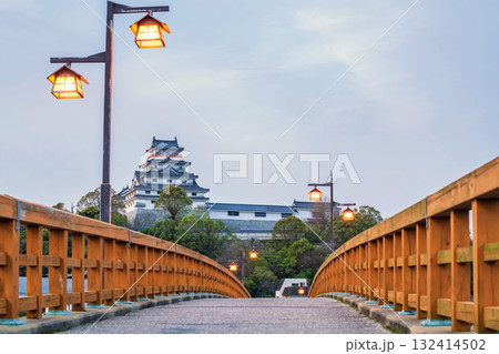 Jyounai bridge trail with light bulb lamp to Karatsu castle at sunset, Saga Jyounai bridge trail with light bulb lamp to Karatsu castle at sunset, Saga 132414502