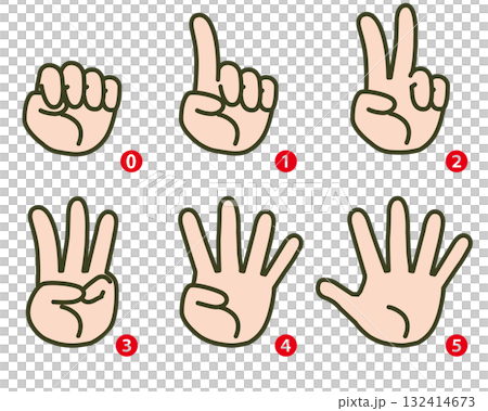 肌色のハンドサイン6種類セット（グーからパーまでのジェスチャー・手のイラスト） 132414673