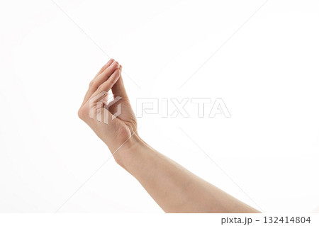 Adult young man hand pinch hold something isolated on white Adult young man hand pinch hold something isolated on white 132414804