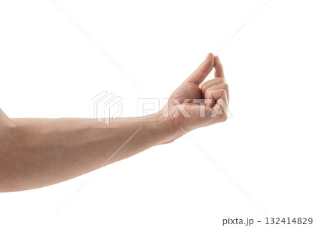 Adult young man hand pinch hold something isolated on white Adult young man hand pinch hold something isolated on white 132414829