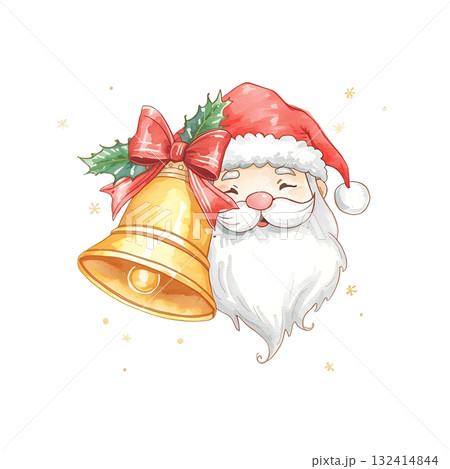 かわいい水彩画風サンタクロースの顔と金色のベル 132414844