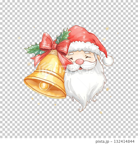 かわいい水彩画風サンタクロースの顔と金色のベル 132414844