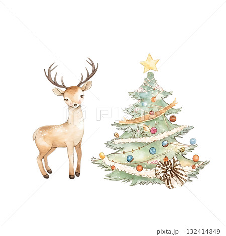 水彩で描かれたトナカイと飾り付けられたクリスマスツリー 132414849