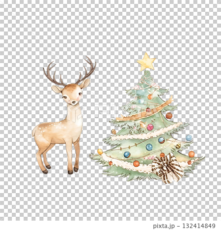 水彩で描かれたトナカイと飾り付けられたクリスマスツリー 132414849