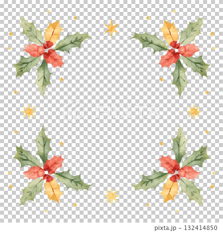 水彩のクリスマスヒイラギと星のコーナーフレーム（黒背景） 132414850