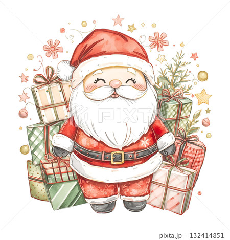 水彩画風サンタクロースと積み重ねられたクリスマスプレゼント 132414851