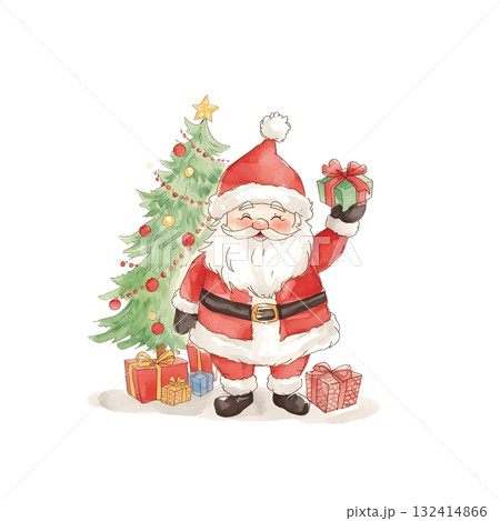 水彩画風サンタクロース、ギフトボックスとクリスマスツリー 132414866