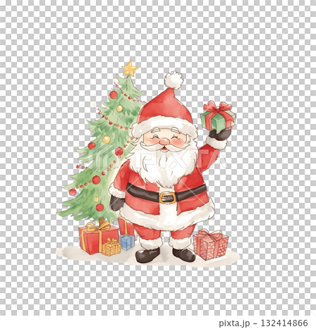 Watercolor Santa Claus with gift boxes and Christmas tree Watercolor Santa Claus with gift boxes and Christmas tree 132414866