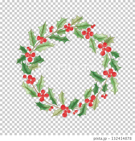Watercolor holly and berry Christmas wreath 132414878