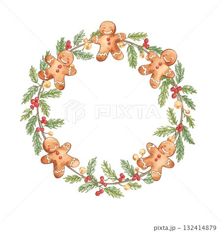 水彩のジンジャーブレッドマンと松の葉のクリスマスリース 132414879