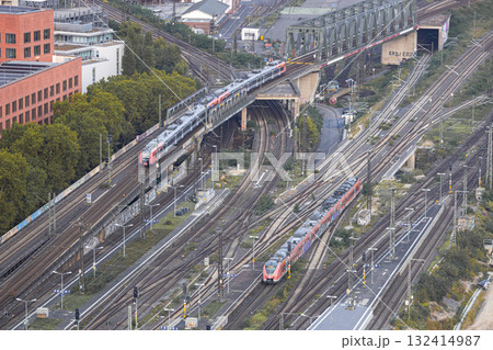 aerial view of Cologne station Koln Messe Deutz and railway tracks aerial view of Cologne station Koln Messe Deutz and railway tracks 132414987