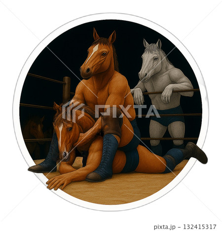 リングの上の年賀状素材！午年プロレスラーが熱い抱擁 令和八年 132415317