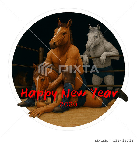 リングの上の年賀状素材！午年プロレスラーが熱い抱擁 令和八年 132415318