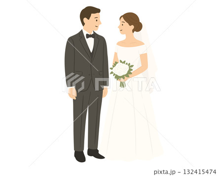 結婚式の新郎新婦のイラスト、ウェディングドレス、洋装 132415474
