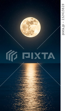 Luminous full moon casts a golden path across a tranquil dark ocean under a star-filled night sky 132415619