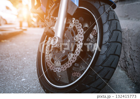 Motorcycle Wheel with Sunlight. Concept motorcycles 132415773
