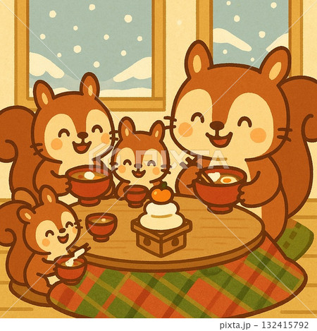 一家団欒/お雑煮を食べるリス家族 Generative AI 一家団欒/お雑煮を食べるリス家族 Generative AI 132415792