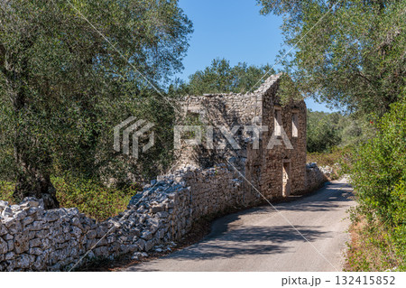 An abandoned house on one of the roads on the island of Paxos 132415852