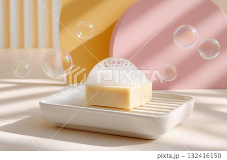 Soap with bubbles on a tray in a minimalistic setting with pastel colors 132416150
