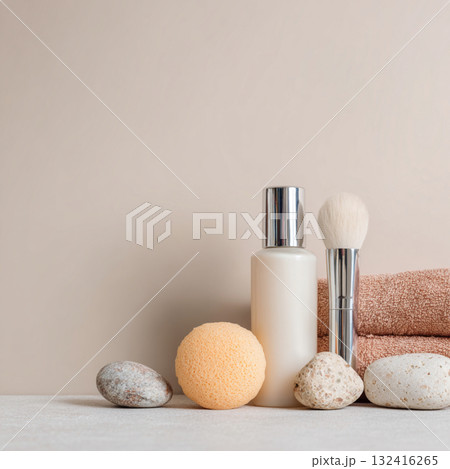 Elegant Spa Cosmetic Set with Towels and Blossoms  Soft Beauty and Skincare Concept 132416265