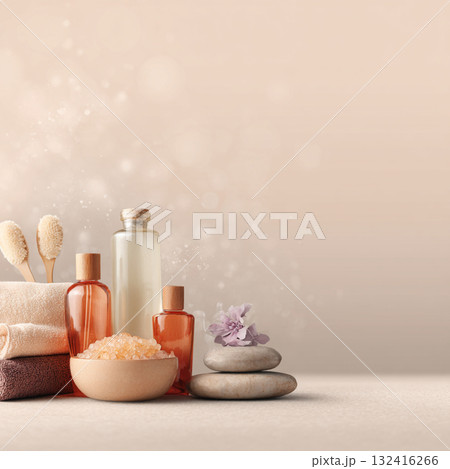 Elegant Spa Cosmetic Set with Towels and Blossoms  Soft Beauty and Skincare Concept 132416266