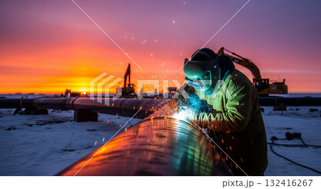 A welder focuses on a section of raw pipeline in a snowy field at sunset. Sparks fly as the intense arc of welding lights up the scene, highlighting the winter landscape. 132416267