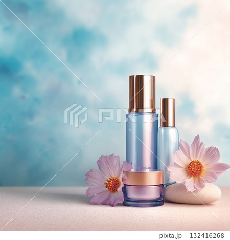 Elegant Spa Cosmetic Set with Towels and Blossoms  Soft Beauty and Skincare Concept 132416268