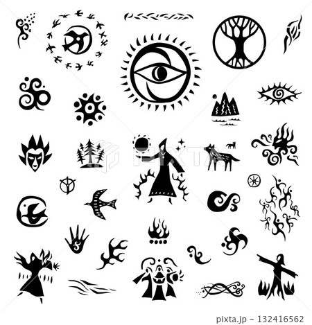 Magician fairy tale shaman character magic sign and symbol vector icon set, isolated graphic design elements 132416562
