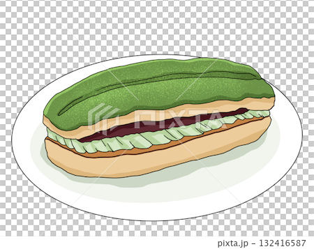 お皿にのった和風抹茶エクレアのイラスト(抹茶スイーツ8) お皿にのった和風抹茶エクレアのイラスト(抹茶スイーツ8) 132416587