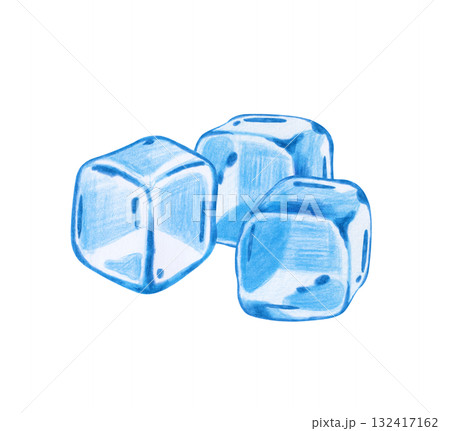 Several translucent ice cubes, hand-drawn. The drawing of frozen water with colored pencils is isolated on a white background. Clipart 132417162