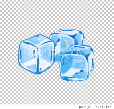 Several translucent ice cubes, hand-drawn. The drawing of frozen water with colored pencils is isolated on a white background. Clipart 132417162