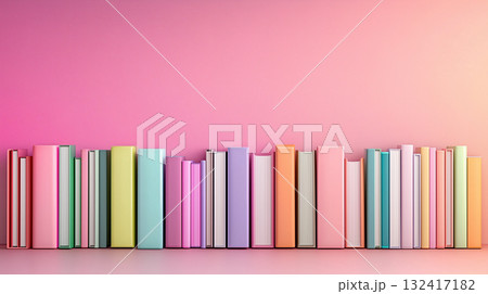 Colorful books against pink wall for interior design, literature, kids, or education themed background 132417182