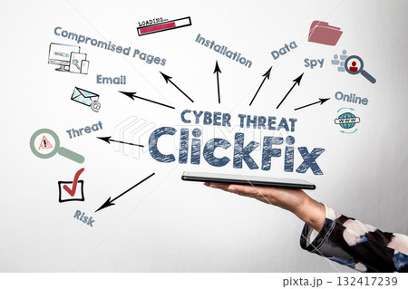 Cyber Threat ClickFix Concept. Illustration with icons, keywords and arrows. Woman holding a tablet 132417239