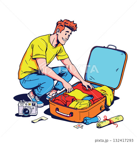 Vsai man packing travel suitcase for summer vacation Vsai man packing travel suitcase for summer vacation 132417293