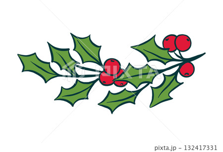 Holly Christmas berries branch with green leaves and red berries. Hand drawn vector winter holiday design element Holly Christmas berries branch with green leaves and red berries. Hand drawn vector winter holiday design element 132417331