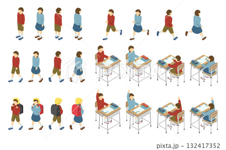 アイソメトリックイラスト：私服の小学生セット 132417352