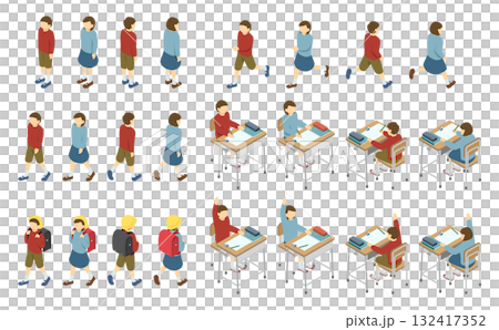 アイソメトリックイラスト：私服の小学生セット 132417352