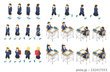 アイソメトリックイラスト:制服の小学生セット アイソメトリックイラスト:制服の小学生セット 132417353