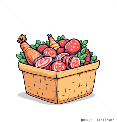 Vsai wicker basket overflowing with fresh cold cuts and smoked sausage Vsai wicker basket overflowing with fresh cold cuts and smoked sausage 132417367