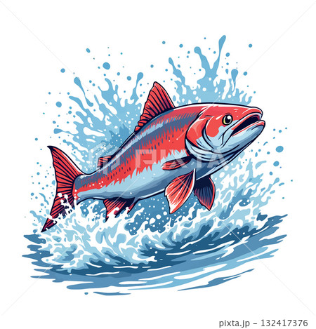 Vsai sockeye salmon jumping upstream in splashing water 132417376